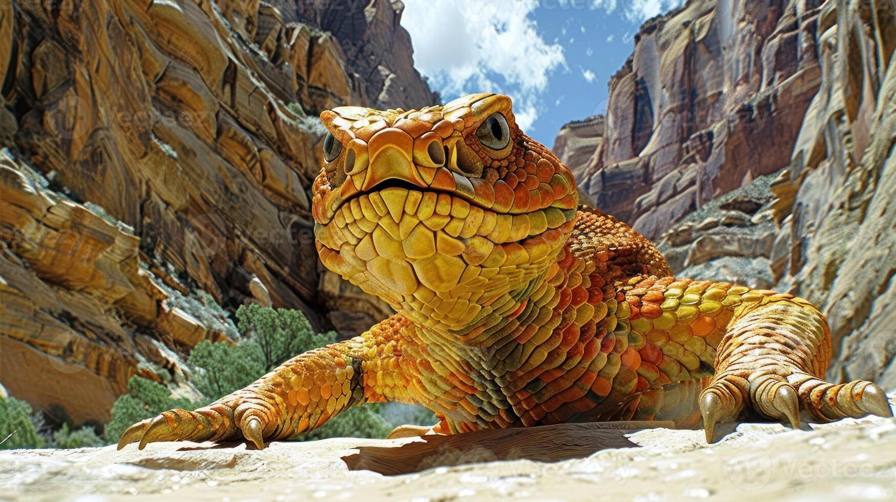 A lizard basks in the sun on a rocky ledge photo