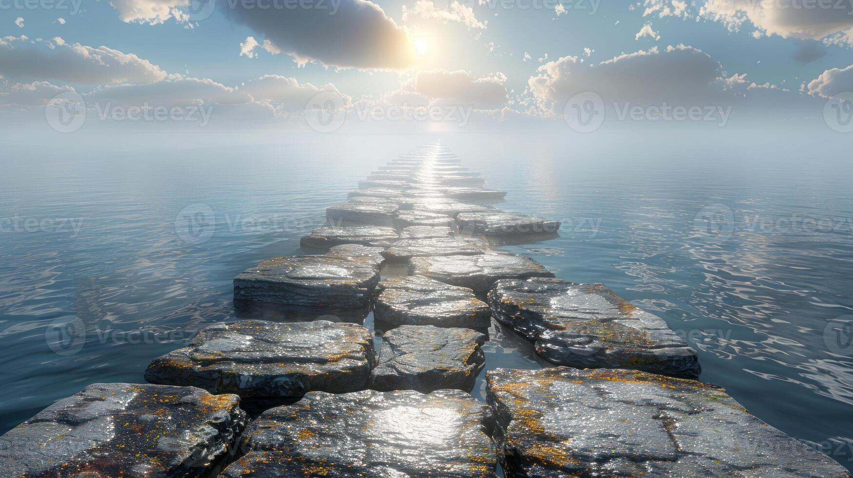 A stone path leading towards the horizon through misty waters photo