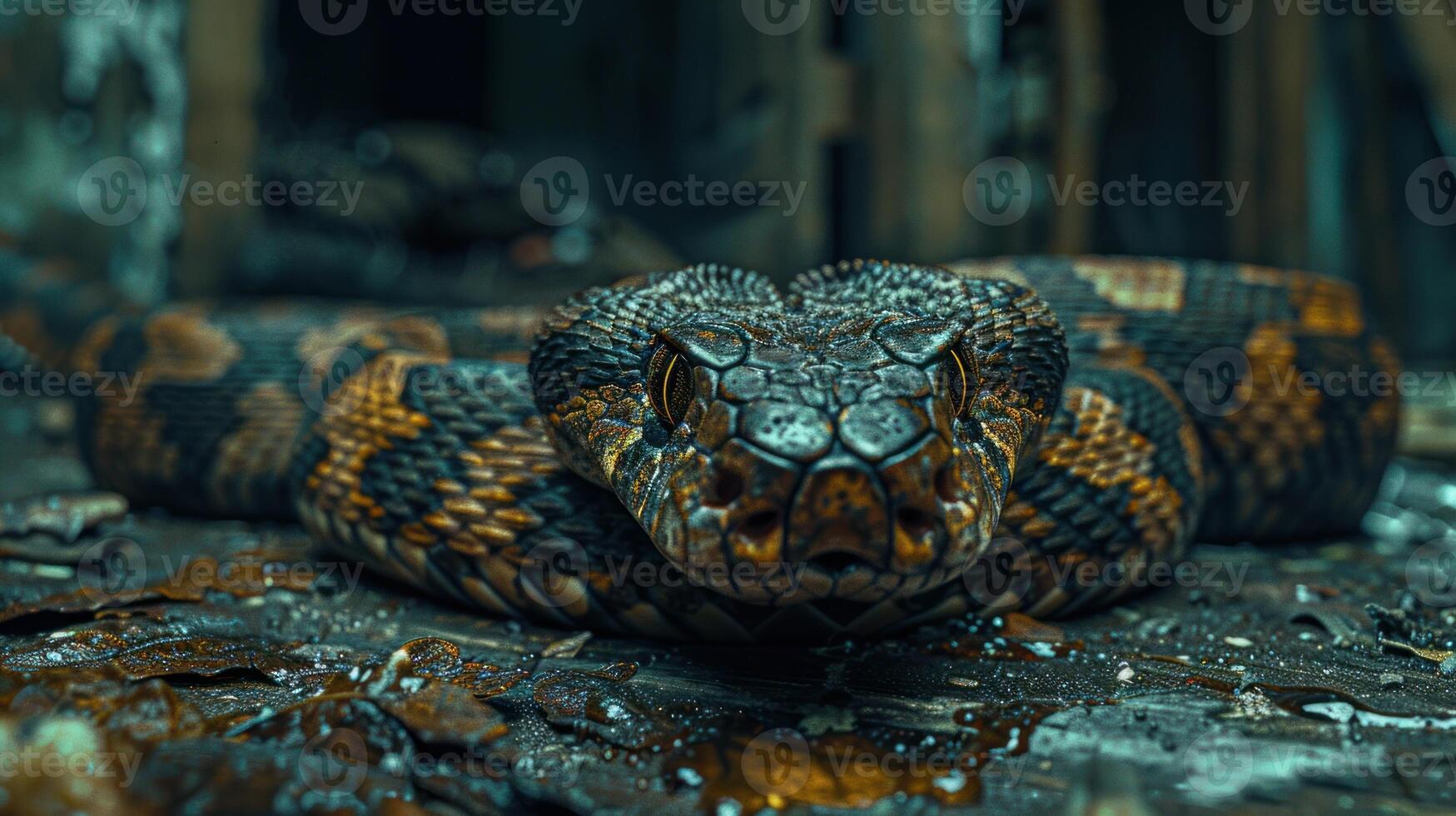 A close-up of a serpent with striking scales, its eyes fixed on the camera photo