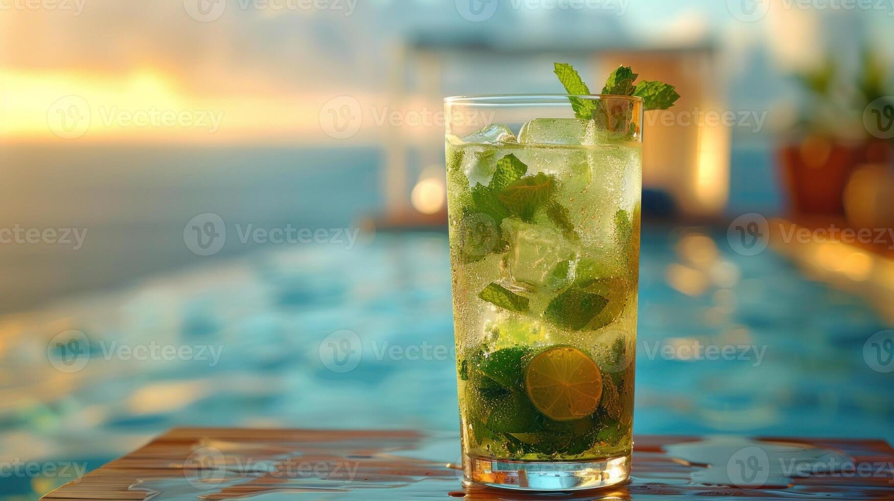 A glass of mint cocktail with ice sits on a wooden table by a pool photo