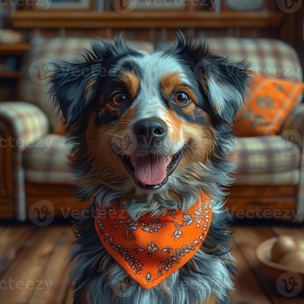 A happy Australian Shepherd smiles at the camera while wearing an orange bandana photo