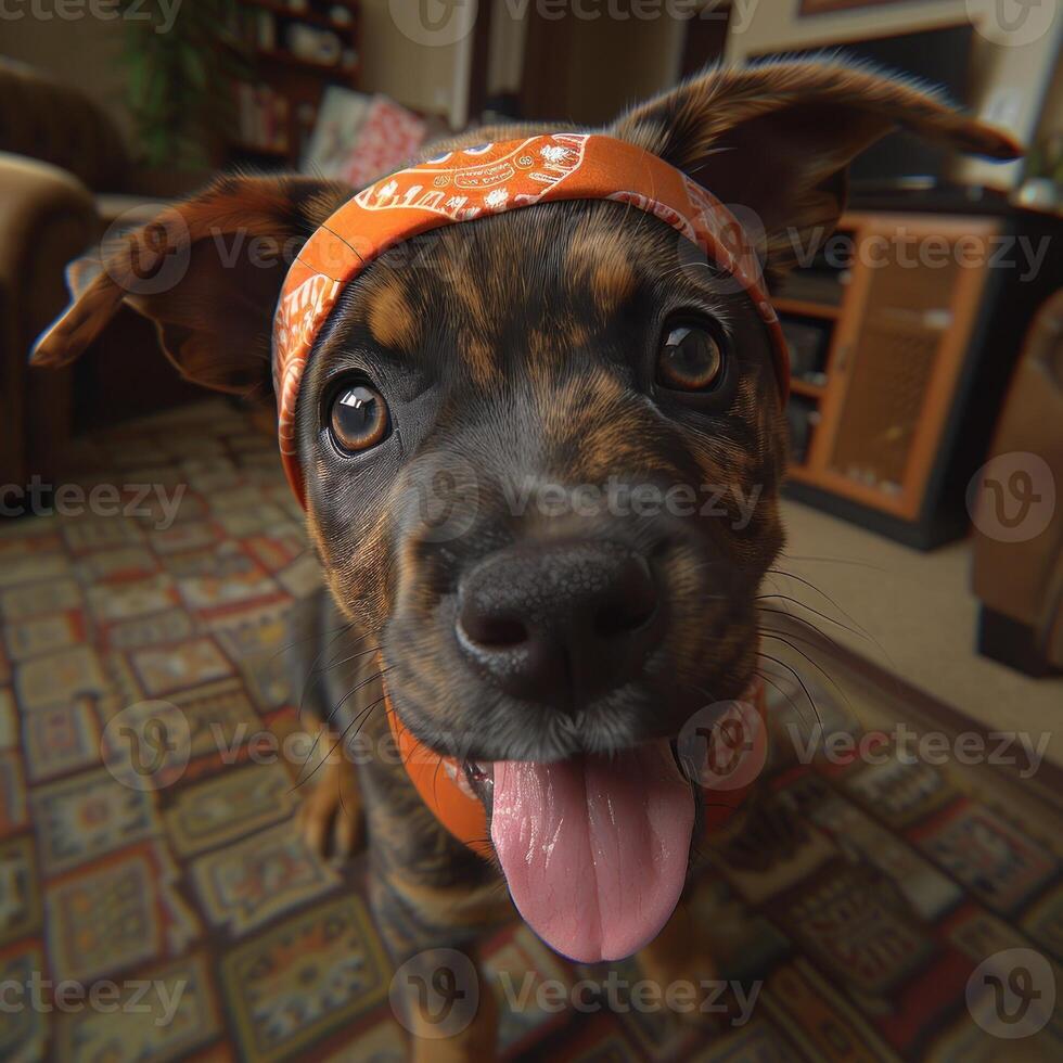 A cute puppy wearing a bandana looks directly at the camera with its tongue sticking out photo