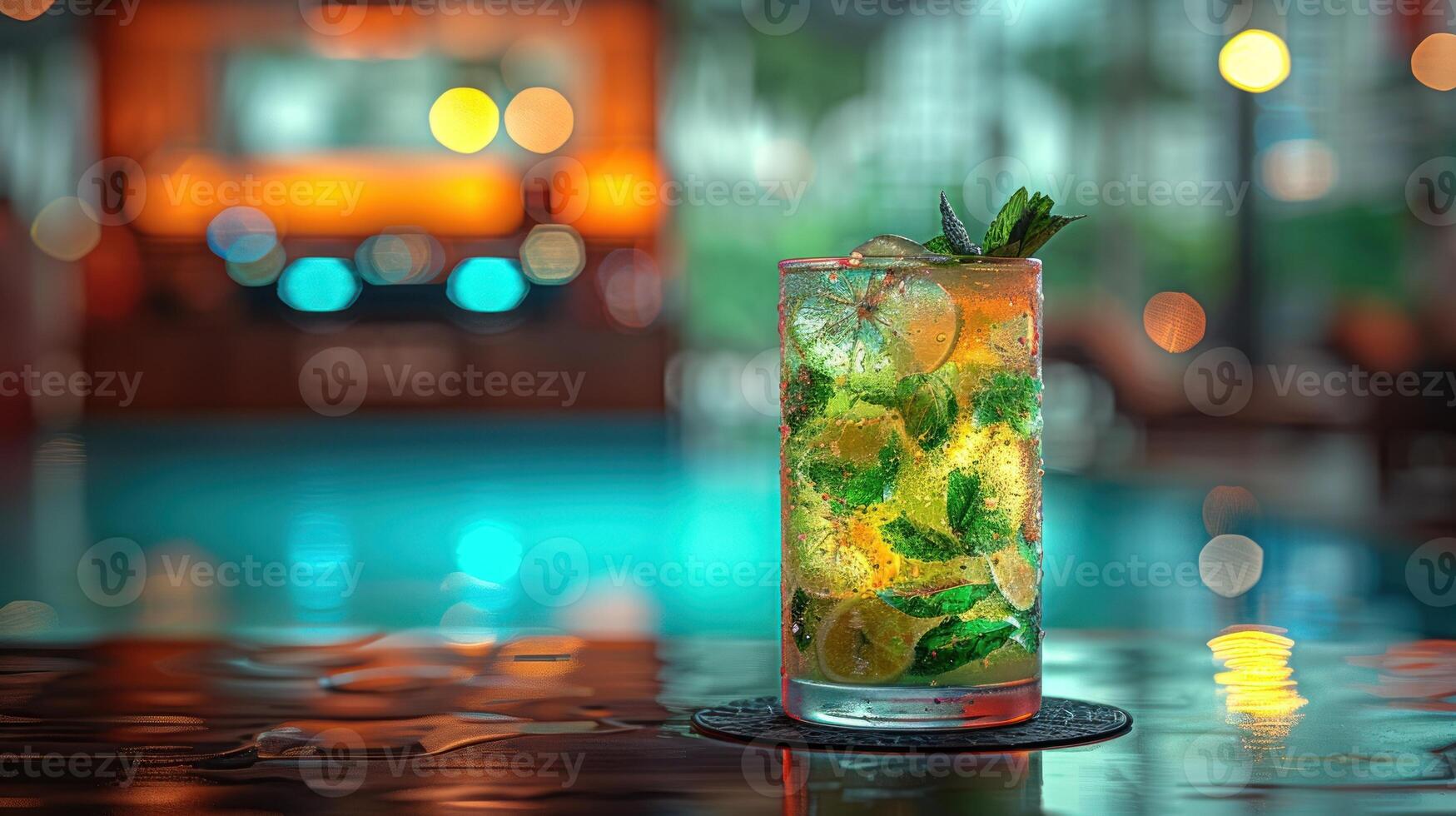 A close-up of a cocktail glass with a refreshing drink on a bar countertop photo