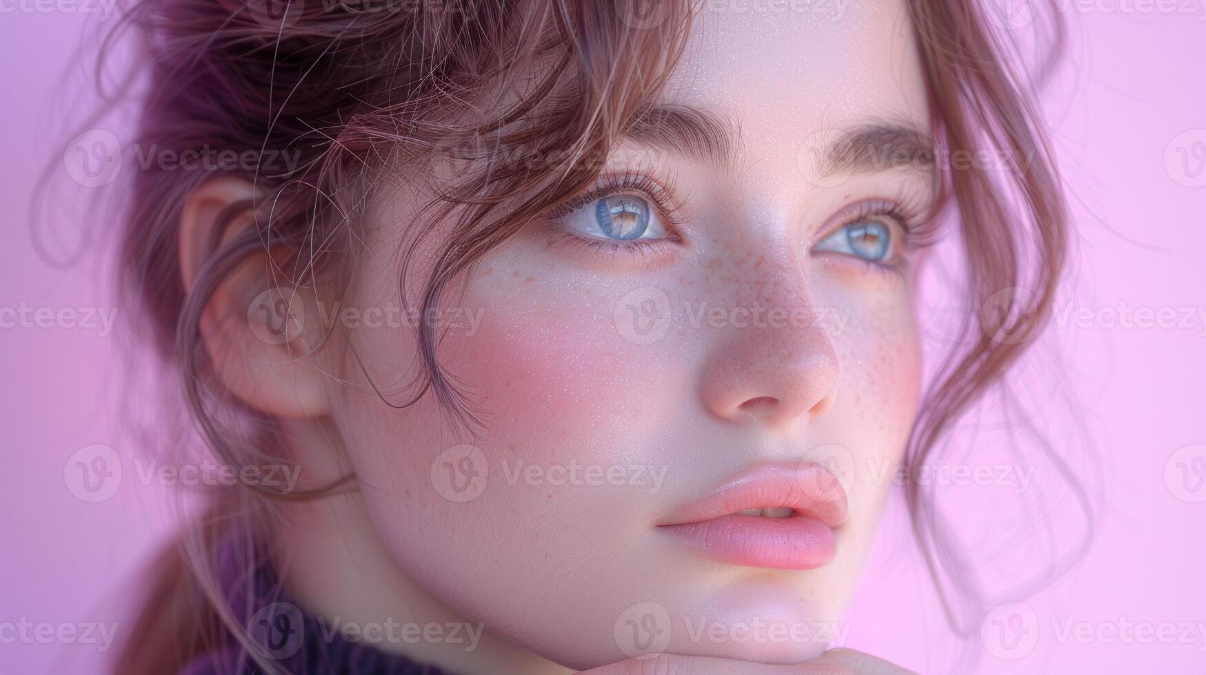 A womans face, bathed in soft light, with blue eyes and pink cheeks photo