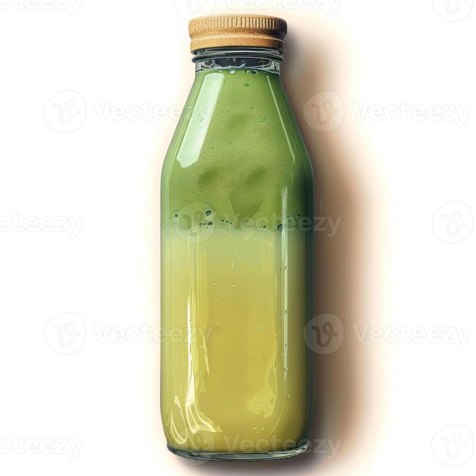 A glass bottle filled with a green and yellow smoothie photo