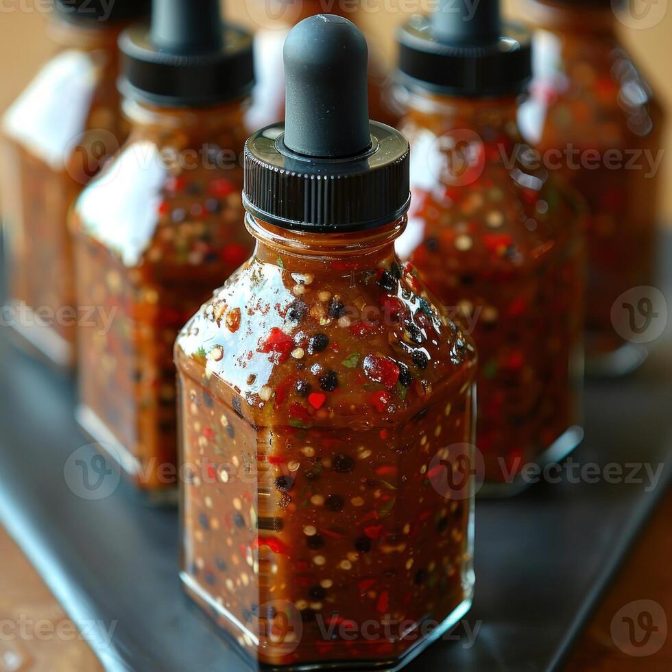 Four homemade hot sauce bottles with dropper tops on a black surface photo