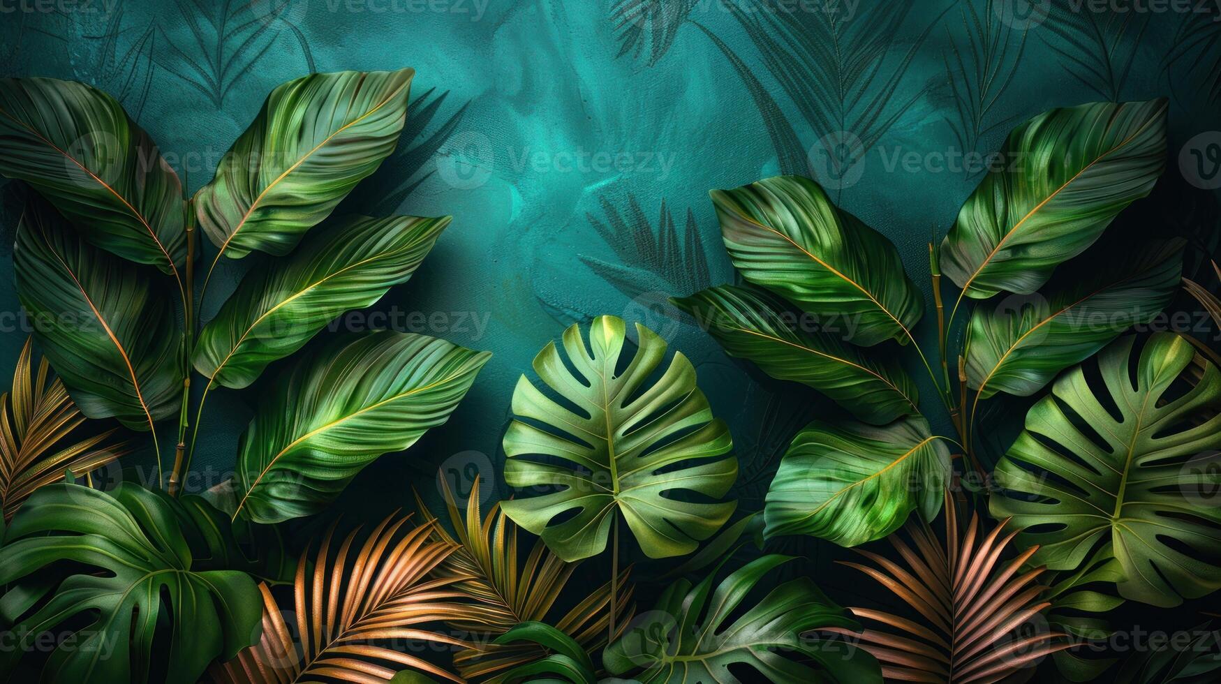 A close-up view of various tropical leaves arranged against a teal backdrop photo