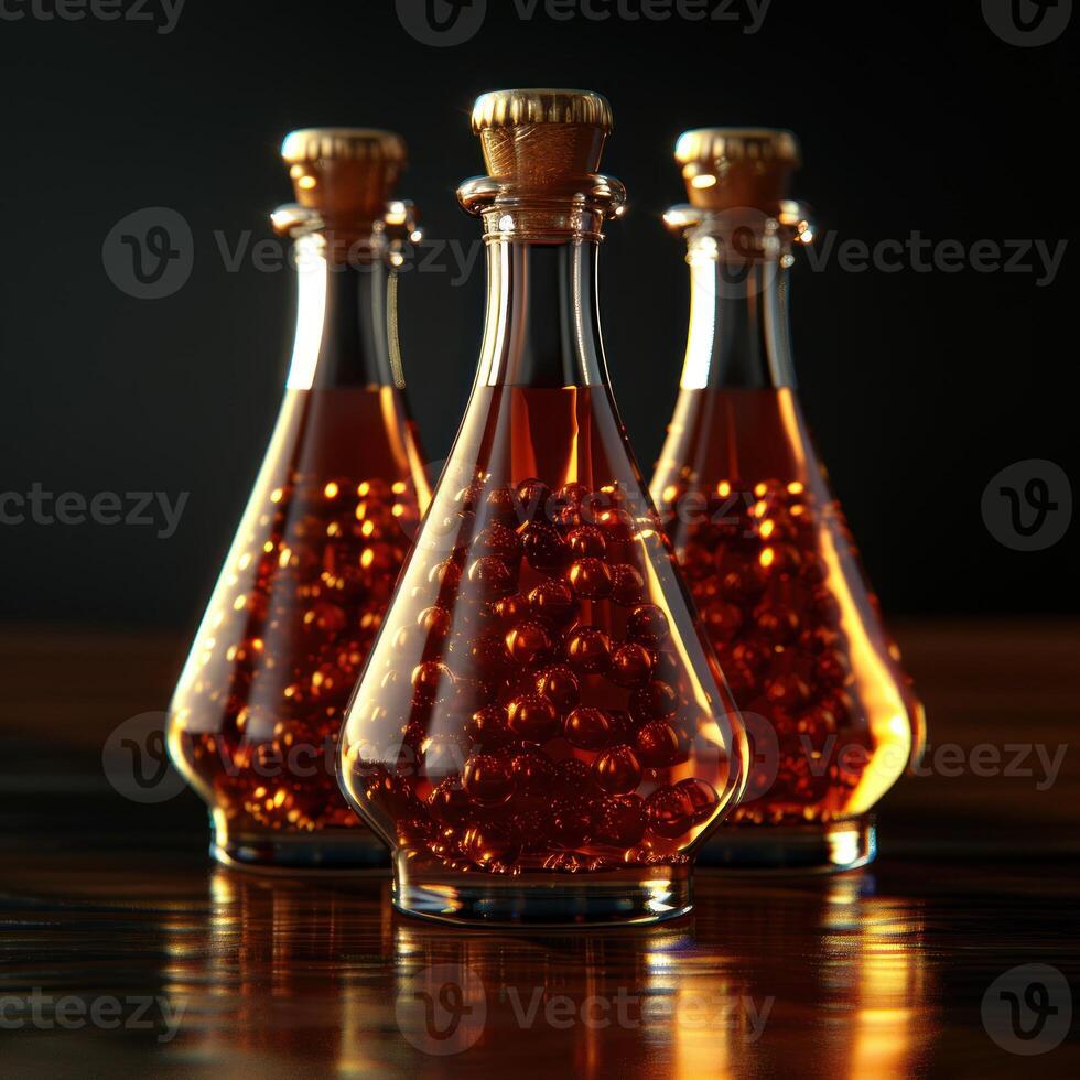Three glass bottles filled with a shimmering amber liquid and round objects photo