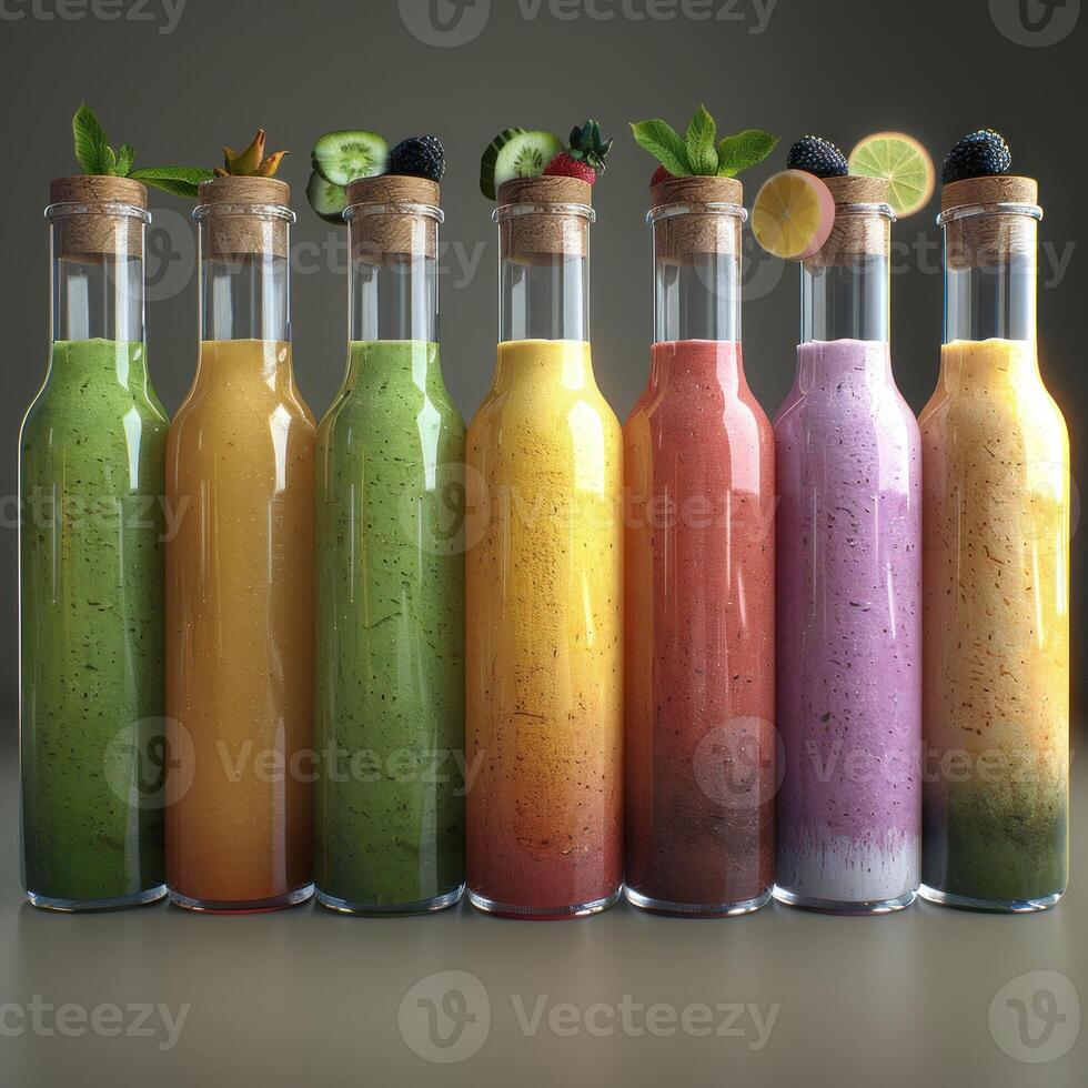 Seven colorful smoothies in glass bottles, ready to be enjoyed photo