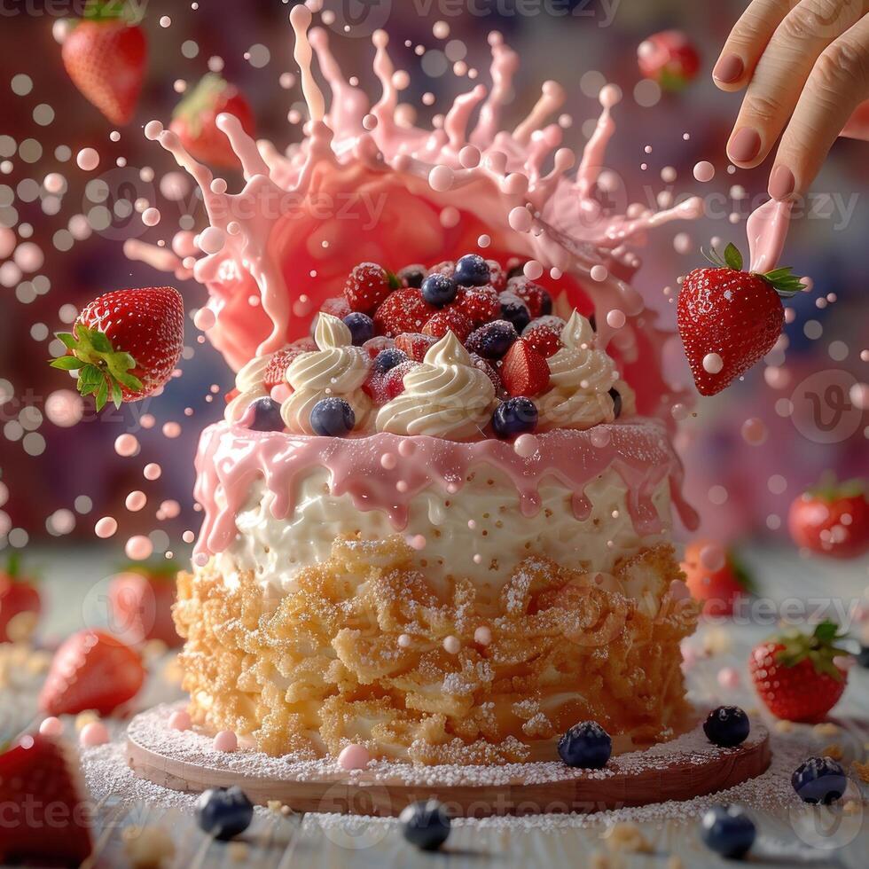 A pink cake with whipped cream and berries explodes with a strawberry in mid-air photo