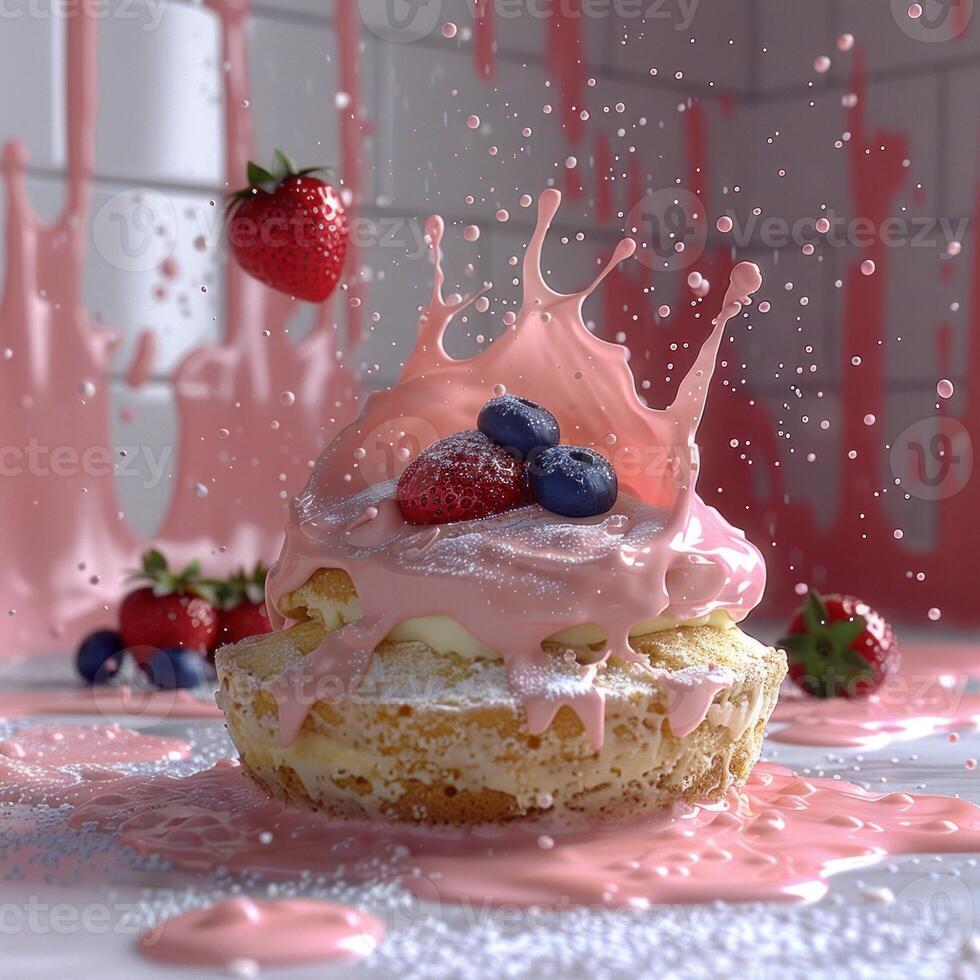 A cake is drenched in a pink glaze splash photo