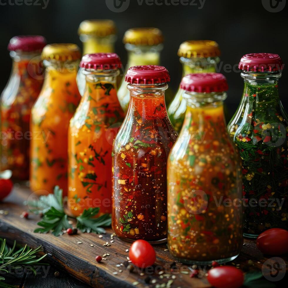 Close-up view of colorful hot sauces in glass bottles photo