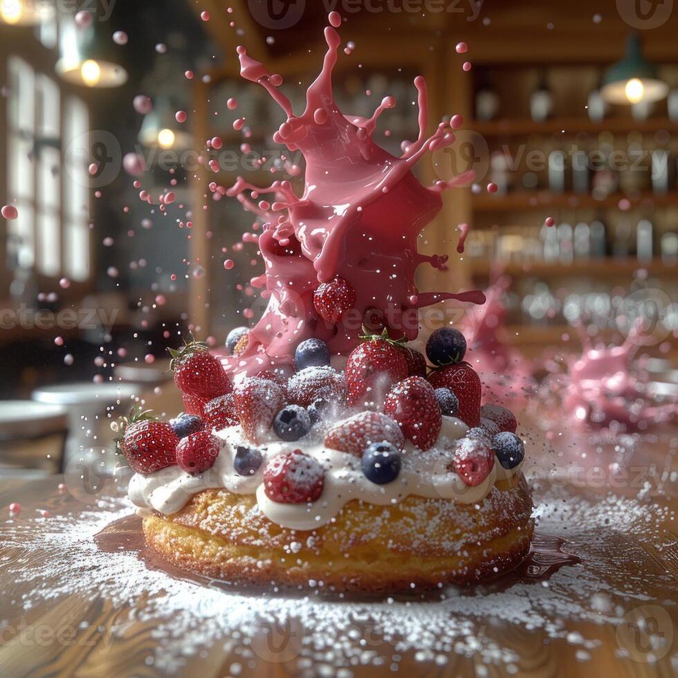 A close-up shot of a cake topped with whipped cream, berries, and a splash of pink glaze photo