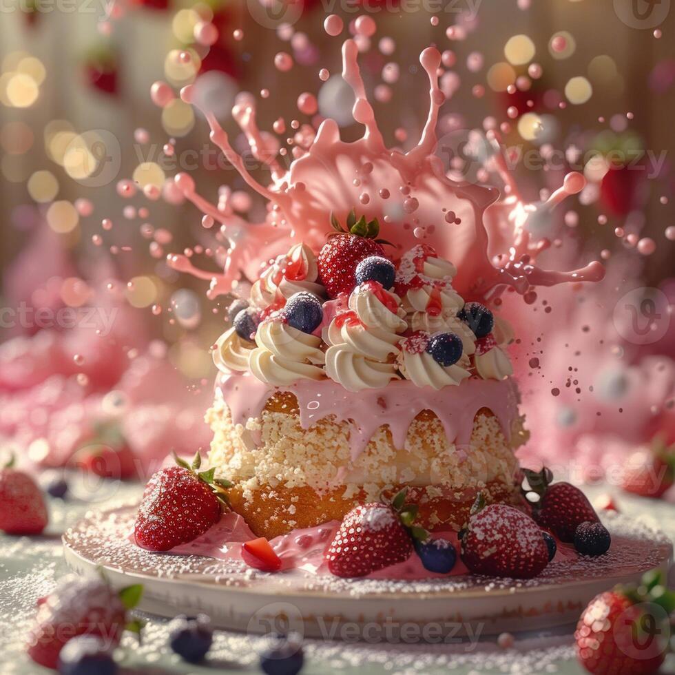 A cake decorated with strawberries and blueberries is covered in a pink glaze explosion photo