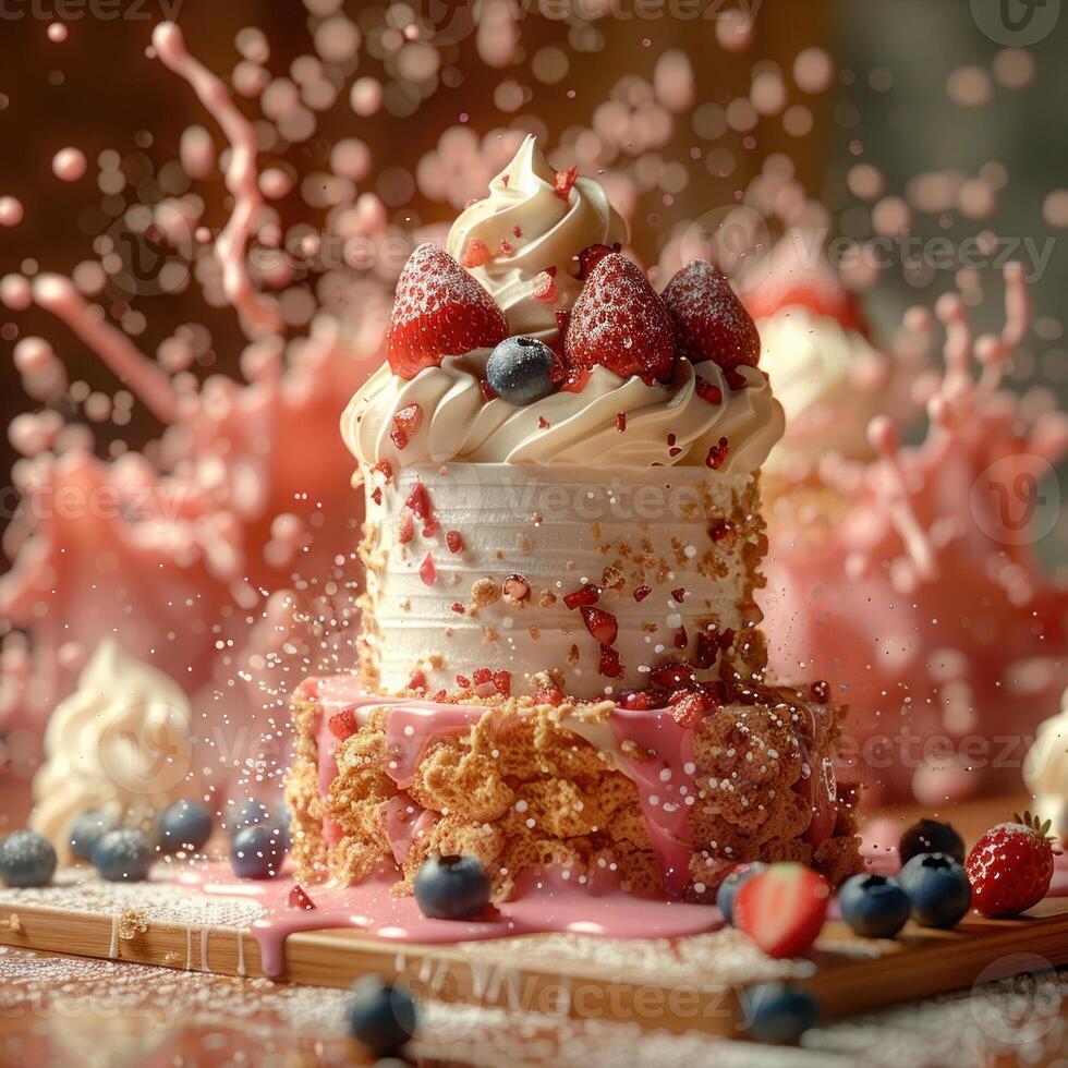 Strawberry cake covered in pink frosting with a splash of pink photo