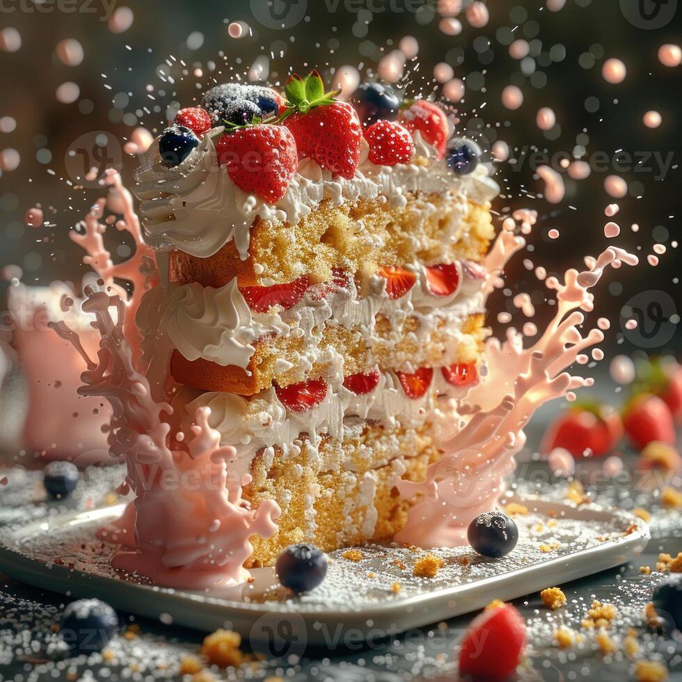 A slice of strawberry cake is engulfed in a pink liquid explosion photo