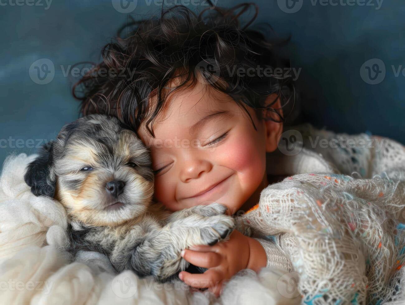 A young girl peacefully sleeps with her puppy nestled in her arms photo