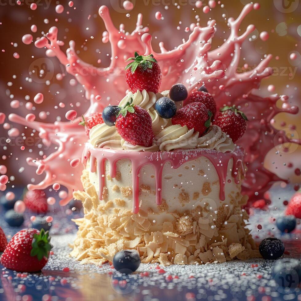 A delicious strawberry cake with pink frosting, covered in a pink splash photo