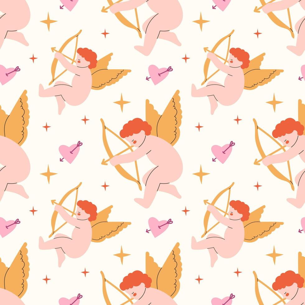 Seamless romantic pattern with cupids and hearts vector
