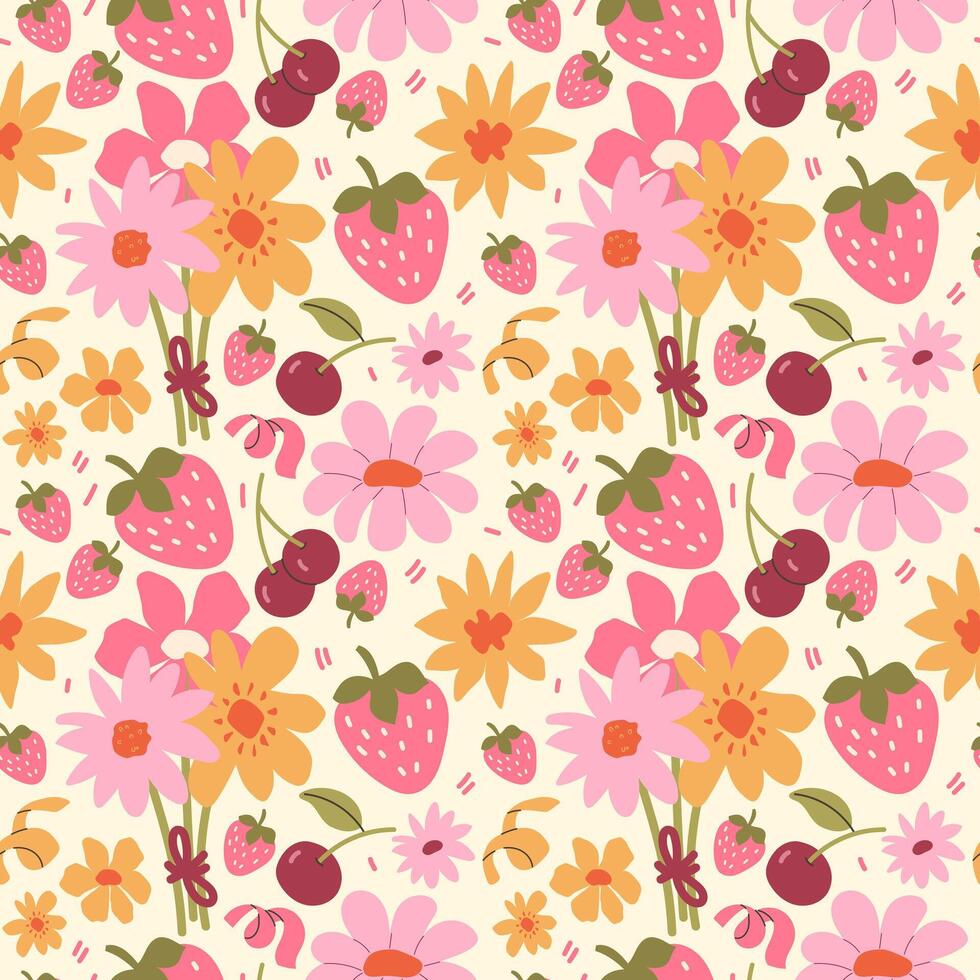Seamless pattern with wildflowers, strawberries, cherries vector