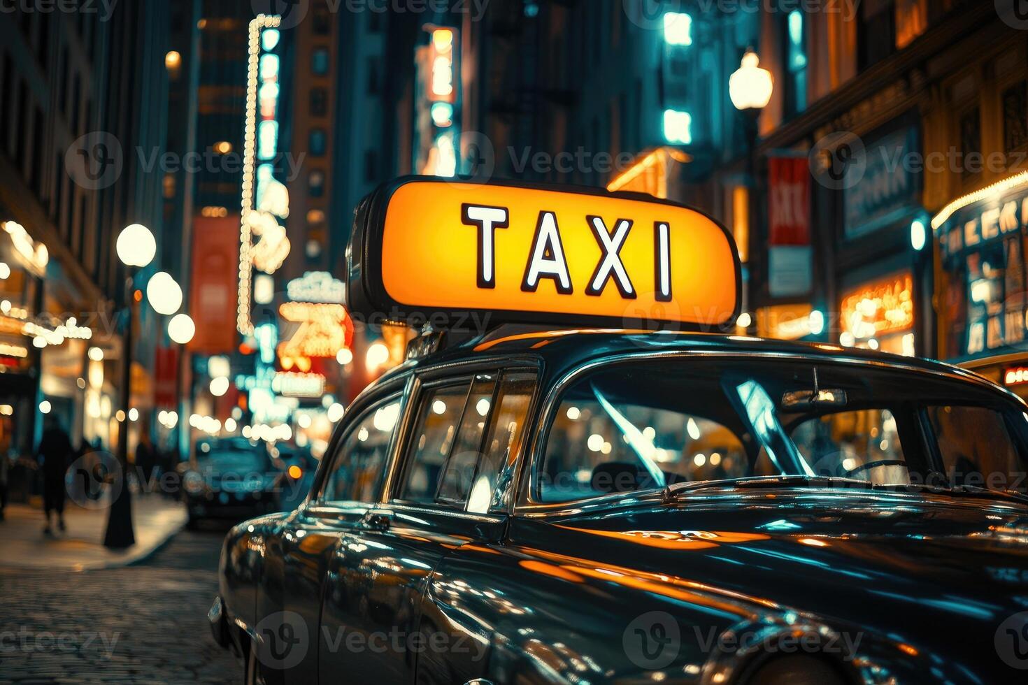 Yellow taxi cab sign illuminating rainy new york city street photo