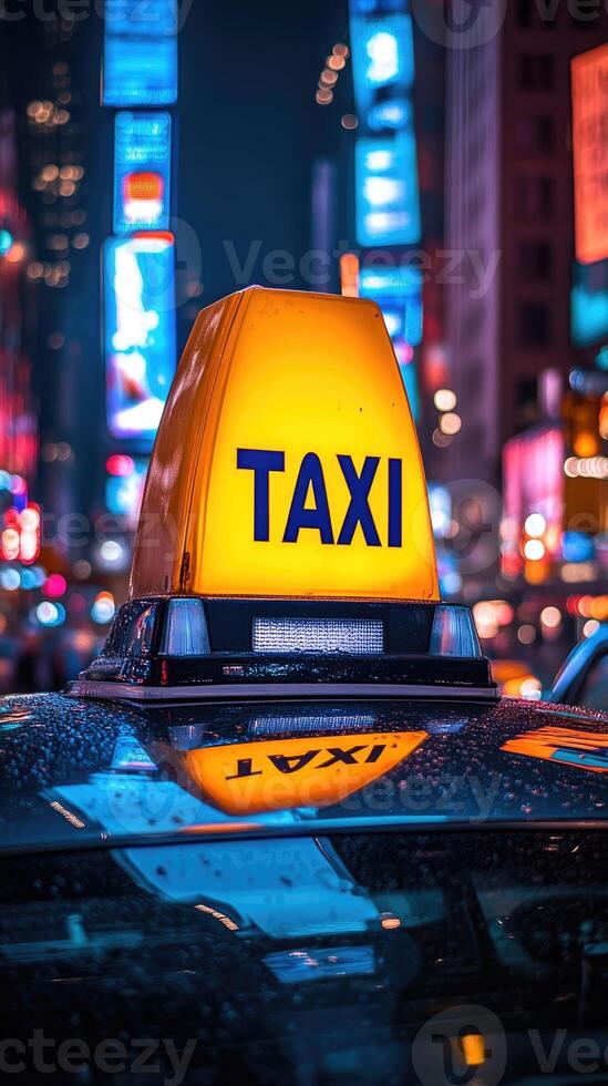 Taxi cab illuminated sign reflecting on wet roof in times square .at night photo
