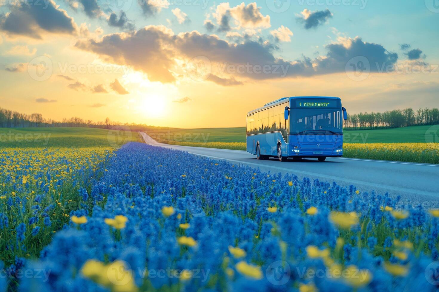 Blue bus traveling on scenic road at sunset through blooming fields photo