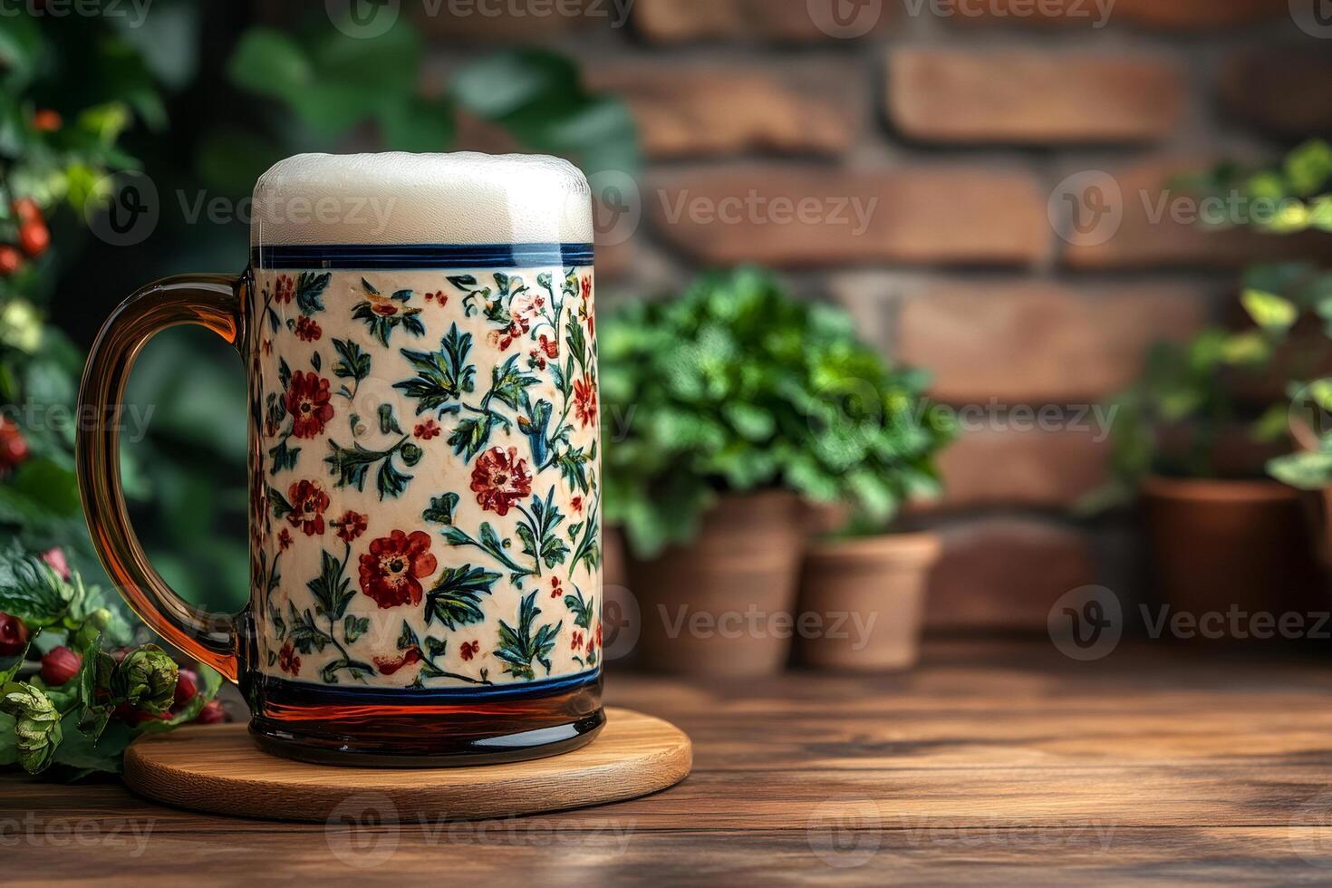Floral beer mug overflowing with frothy refreshment on wooden table photo