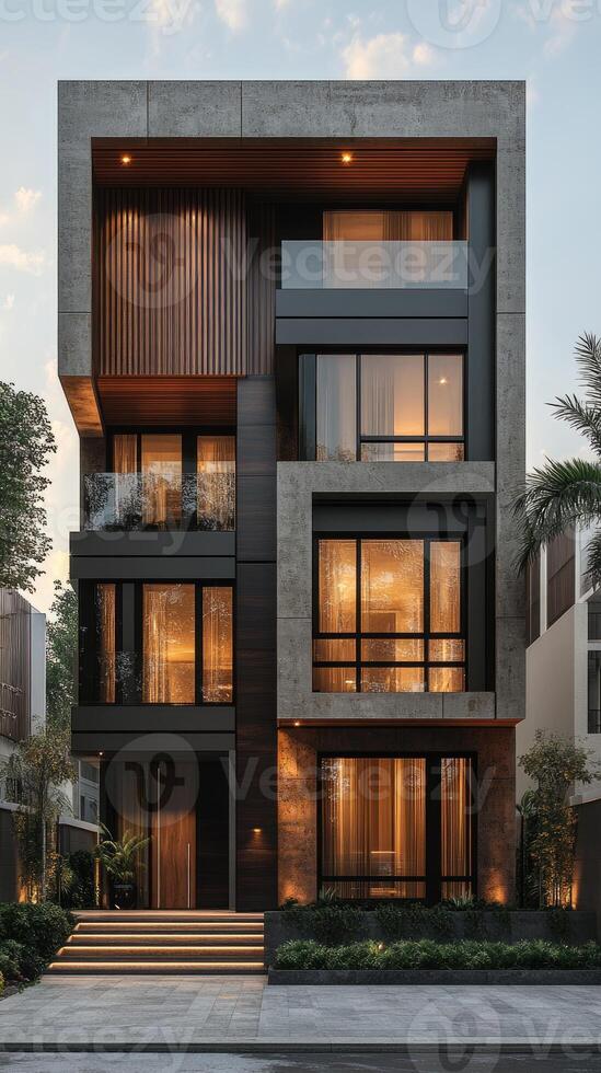 Modern house exterior design with warm lighting and concrete and wood details at dusk photo