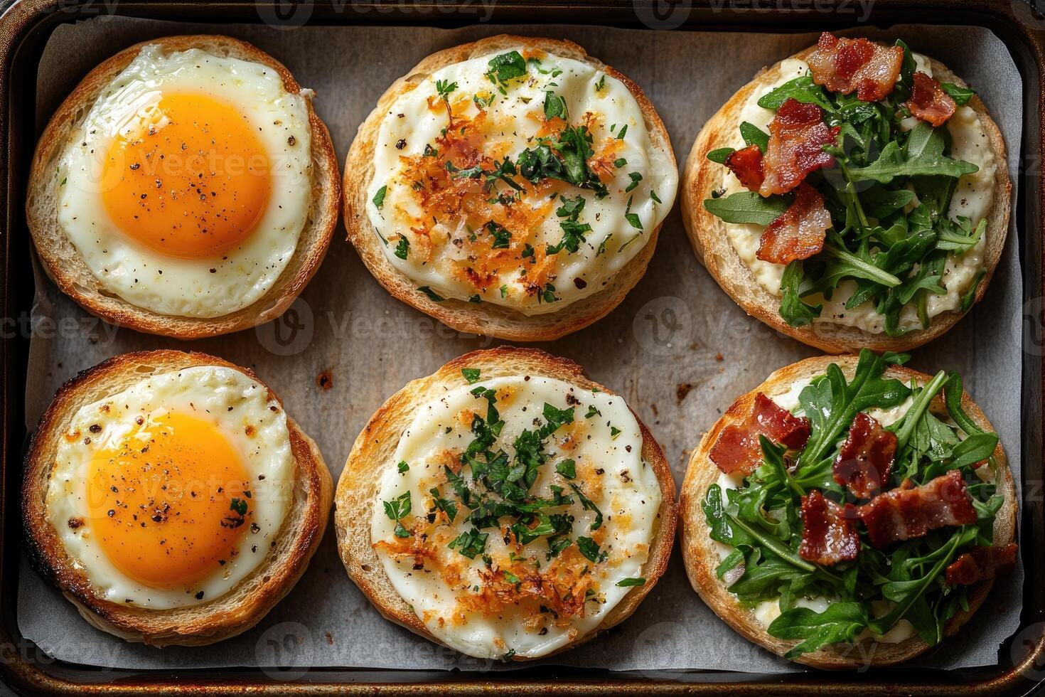 Delicious egg-in-a-holes with crispy bacon and fresh arugula photo