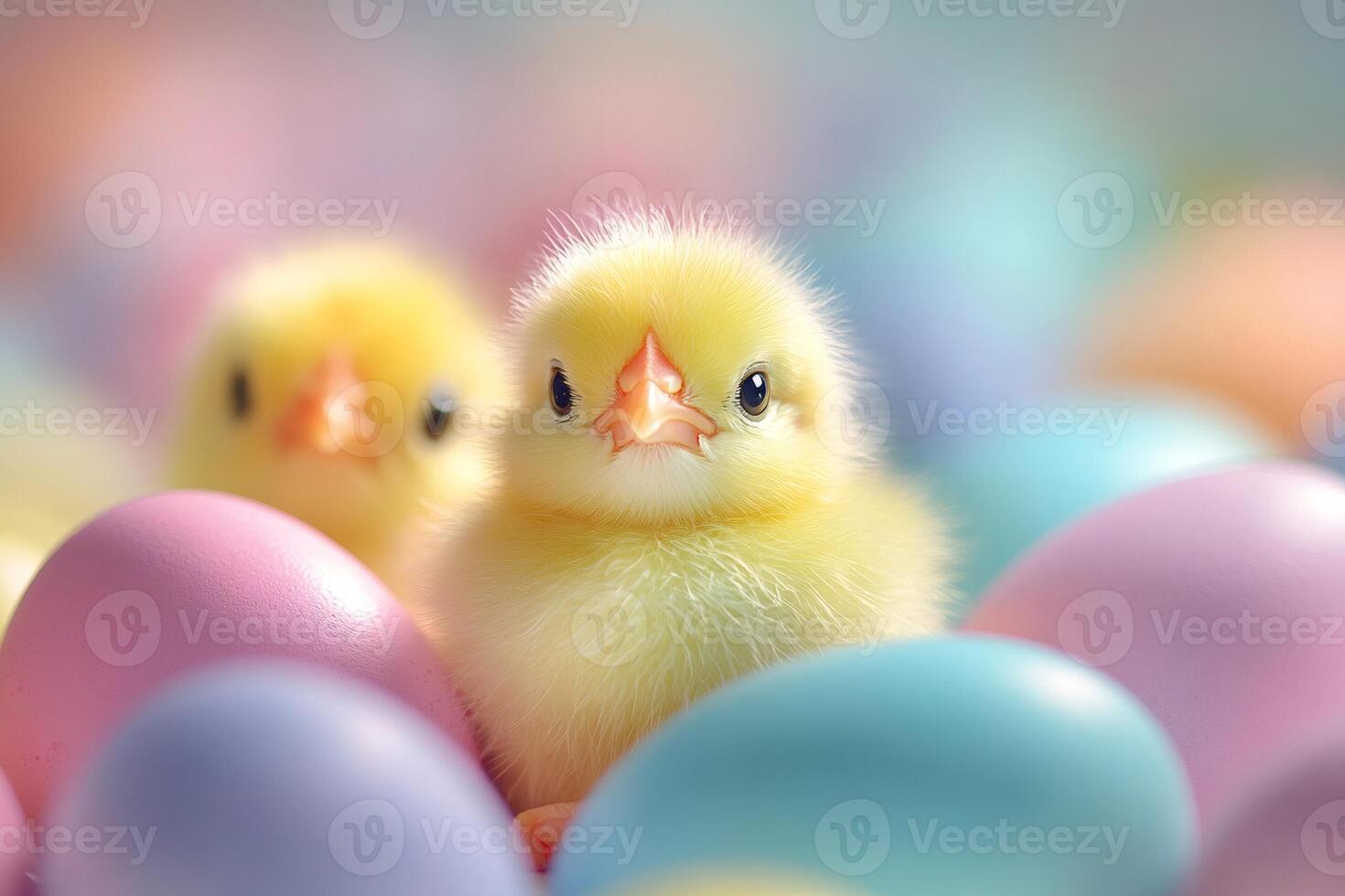 Cute baby chickens resting on colorful easter eggs photo