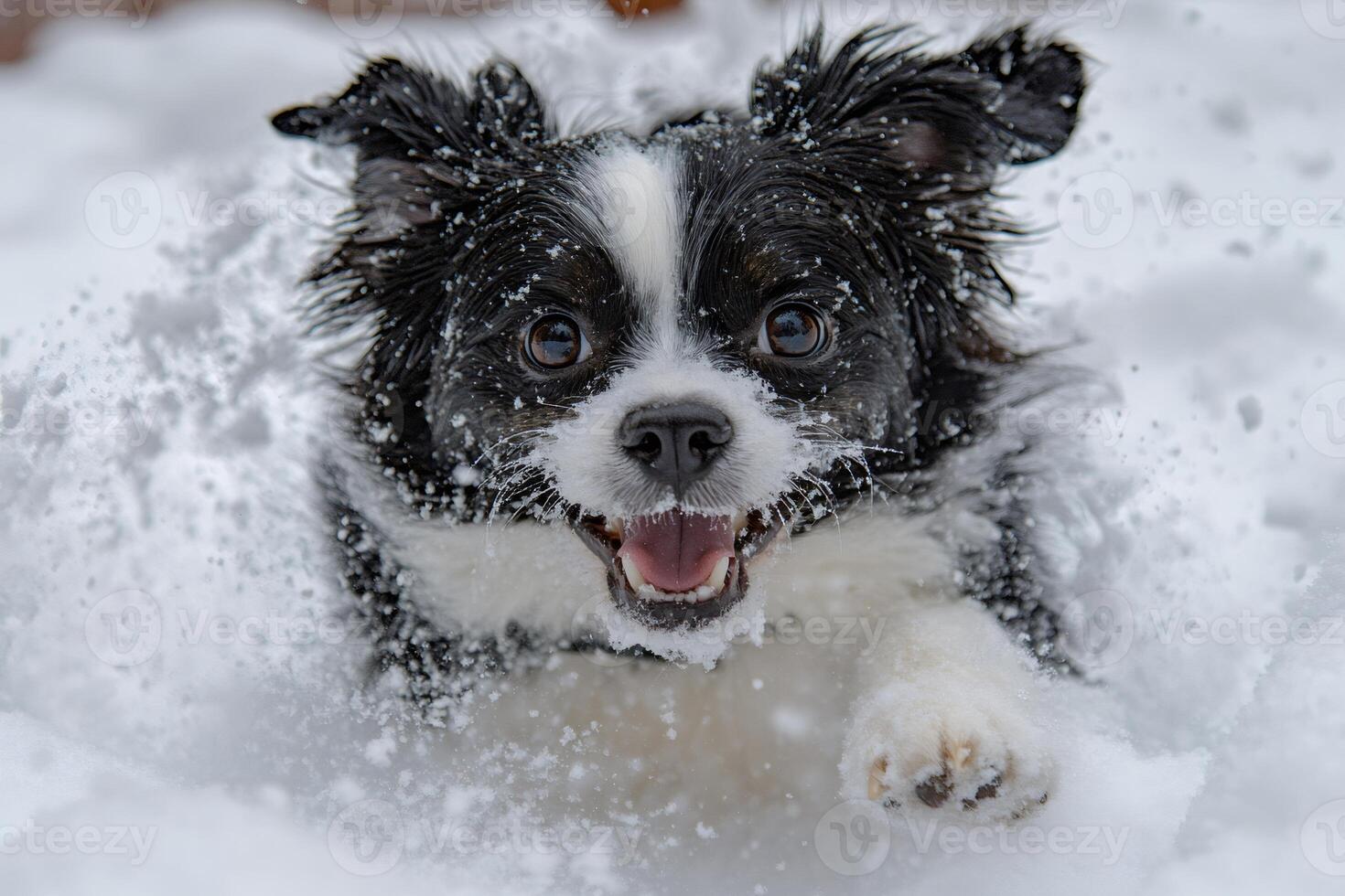 Happy dog running and playing in the snow on a winter day photo