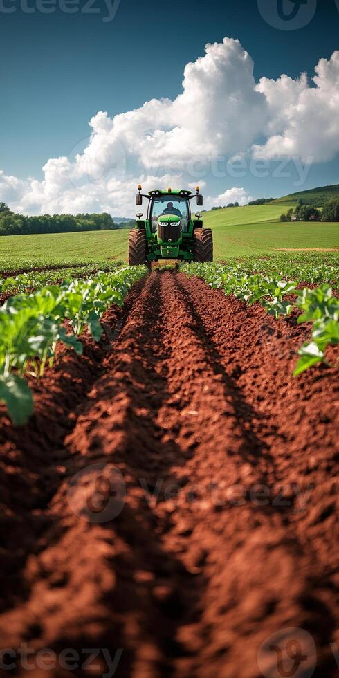 Green tractor cultivating fertile soil in agricultural field under cloudy sky photo