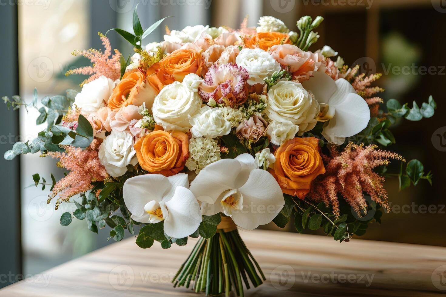 Stunning bridal bouquet with orange roses and white orchids creating a romantic atmosphere photo
