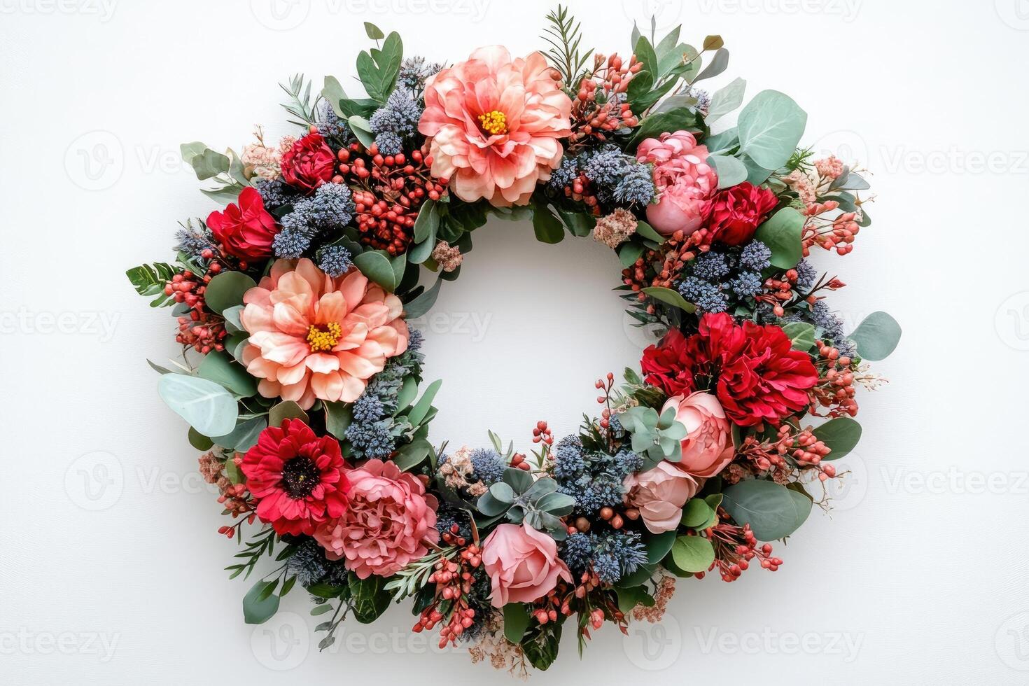 Beautiful flower wreath decoration with red, pink and peach flowers on white background photo