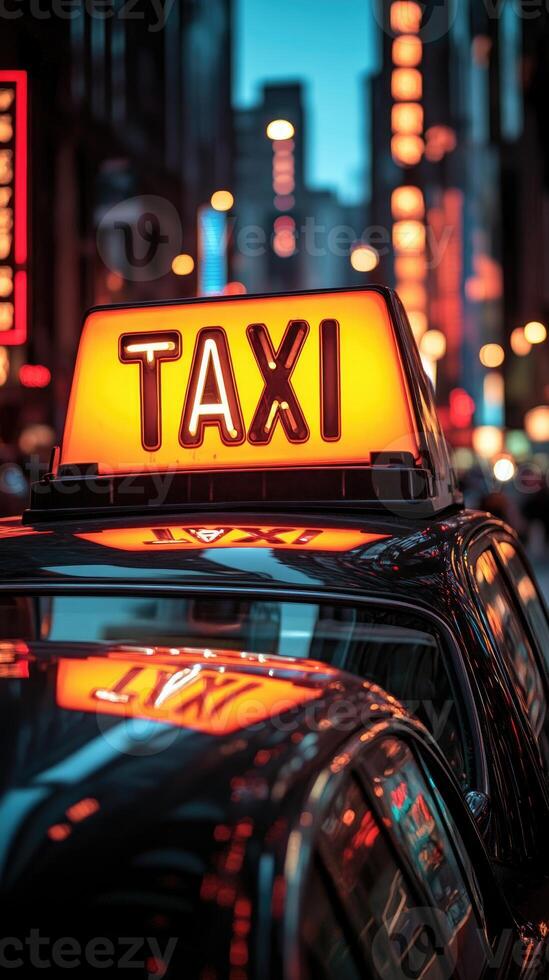 Taxi cab illuminated sign reflecting on wet roof in times square. at night photo