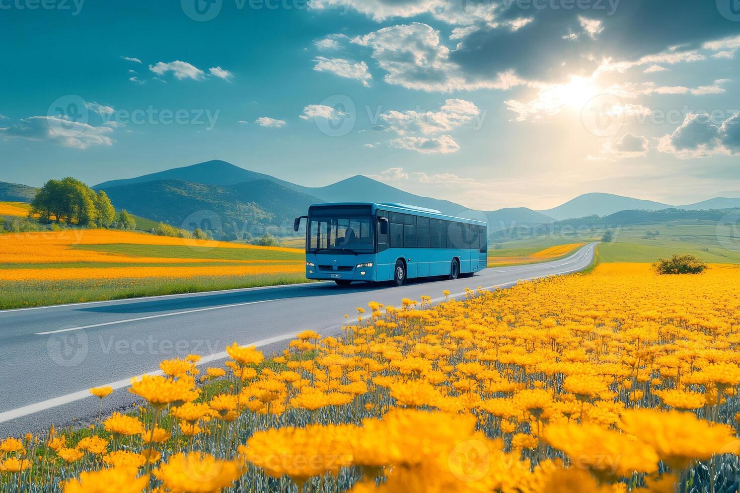 Blue bus driving on scenic road through yellow flower fields with mountains and sunset in background photo