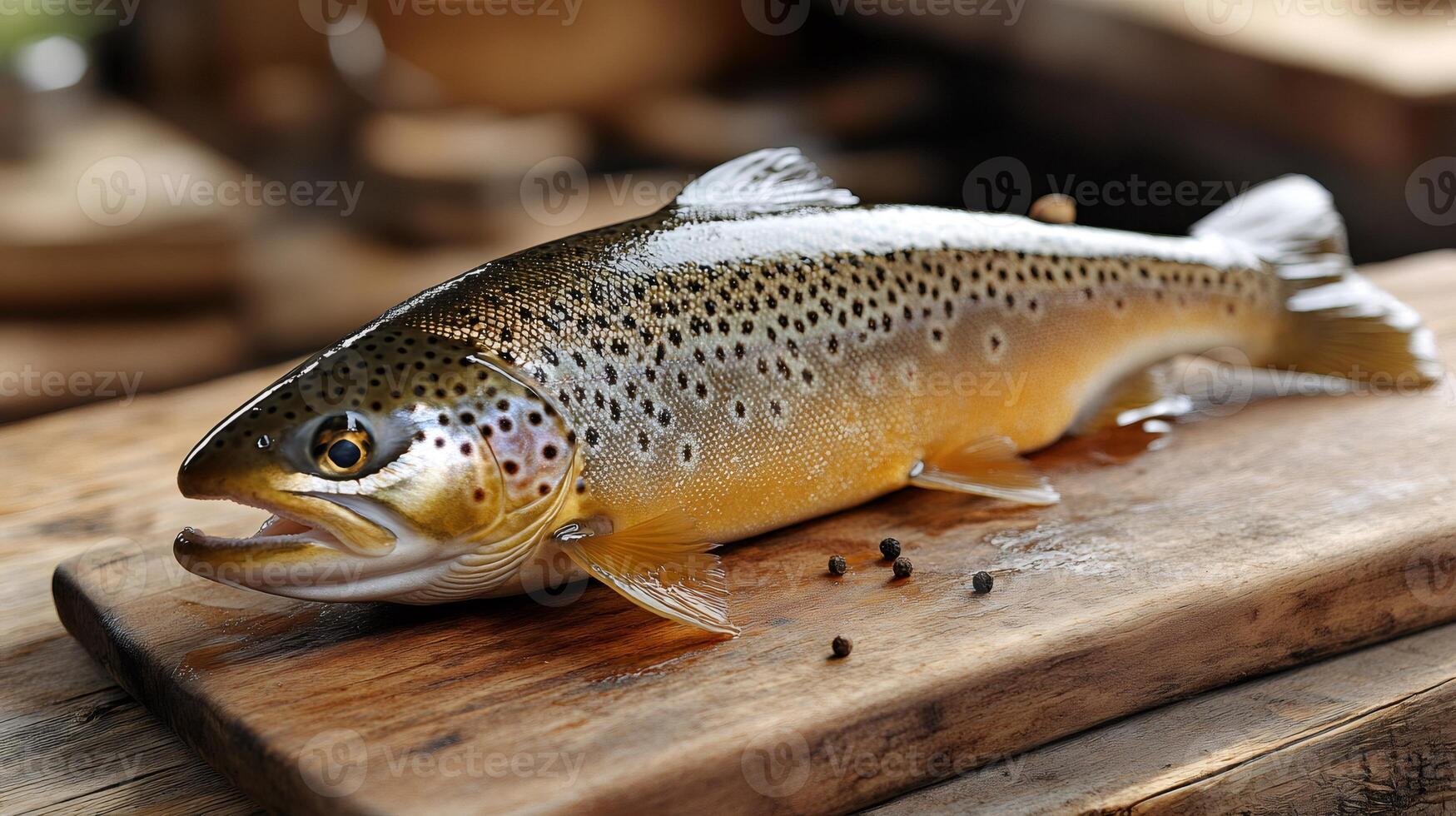 Whole fresh brown trout with peppercorns, ready for cooking photo