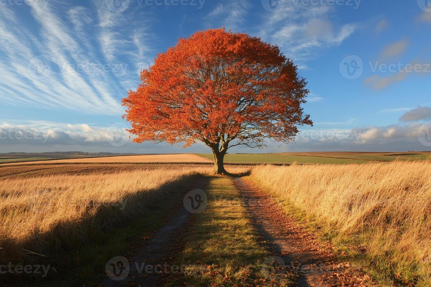 Vibrant red tree standing tall in autumn field landscape photo
