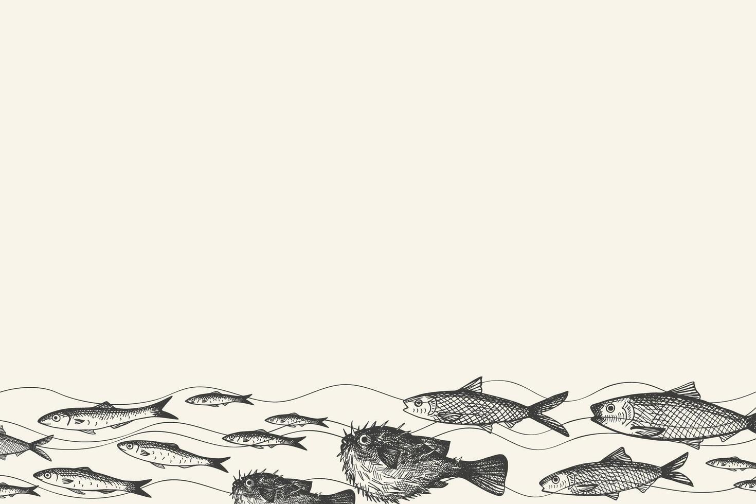 Banner for text with engraved Fugu fish, Anchovy, fingerling, carp, sardine. Hand drawn fished border background with sea animals. Seafood, delicacy, marine life, animals. For label, menu, card vector