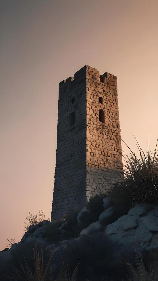 The ancient tower silhouette appears in a clean vertical frame, with a gradient sky and ample empty space around it. photo
