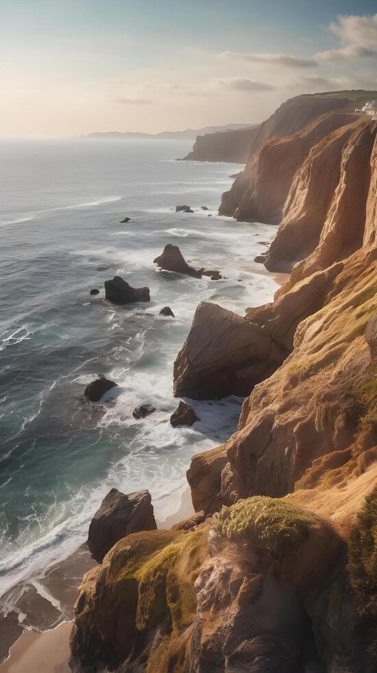 A vertical shot of coastal cliffs with soft waves below, open sky, and ample space for text or overlays. photo