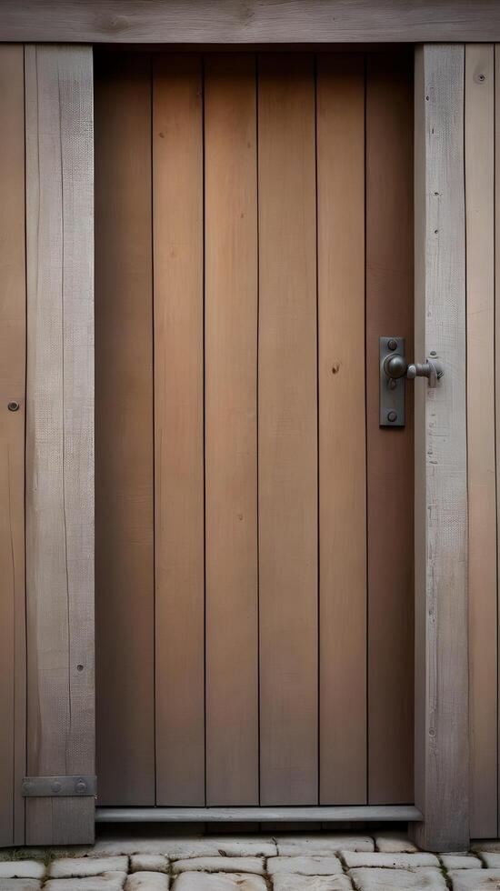 A high-detail vertical shot of a rustic wooden door frame with soft textures and negative space for copy. photo