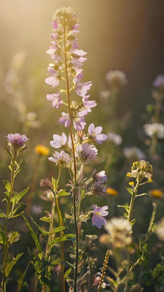 The vertical photo showcases wildflowers glowing in soft sunlight, leaving plenty of space in the background for overlays.