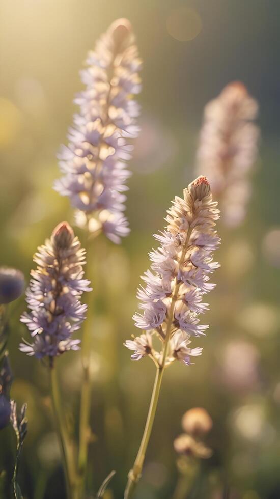 The wildflowers glow in warm sunlight in a vertical shot, offering clear background space ideal for graphic overlays or text. photo