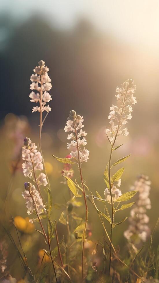 Wildflowers in gentle sunlight create a vertical shot, with unobstructed background space perfect for text or graphics. photo