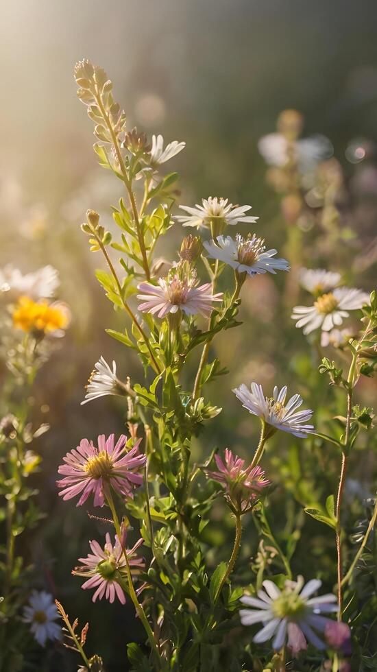 A vertical shot of wildflowers glowing in gentle sunlight, with clear background areas for text or graphic overlays. photo