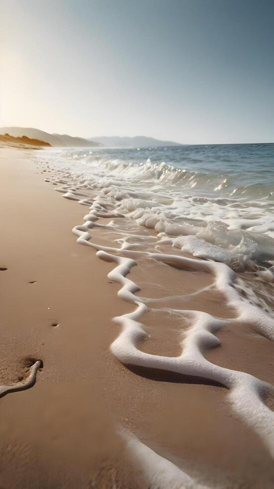 Close-up of gentle vertical wave lines on a quiet beach, with smooth textures and open areas for text. photo