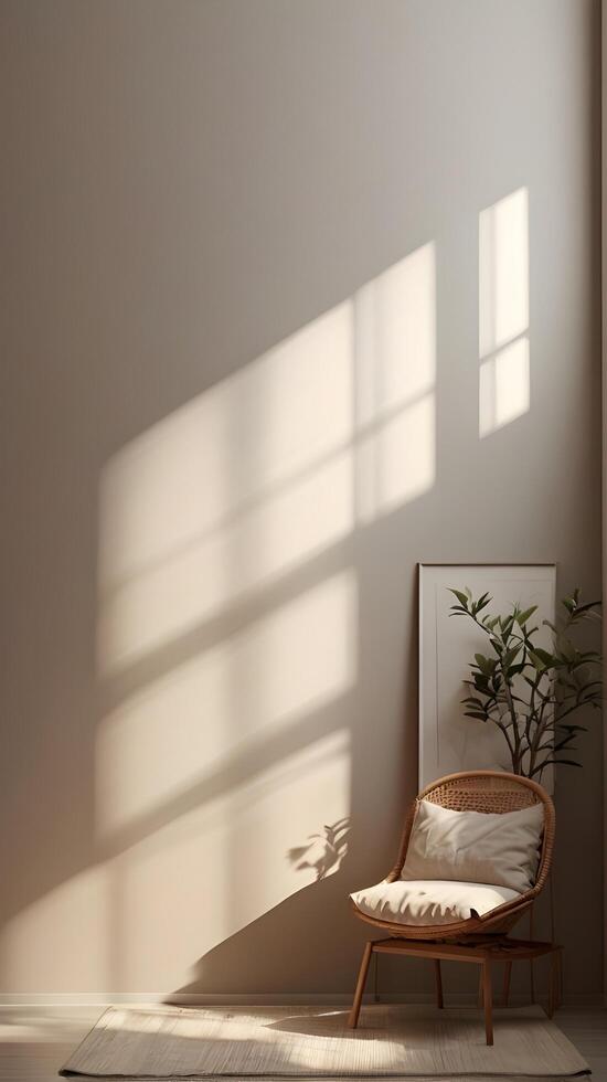 An abstract vertical background featuring soft shadows and light patterns on a neutral wall, with ample space for design elements. photo