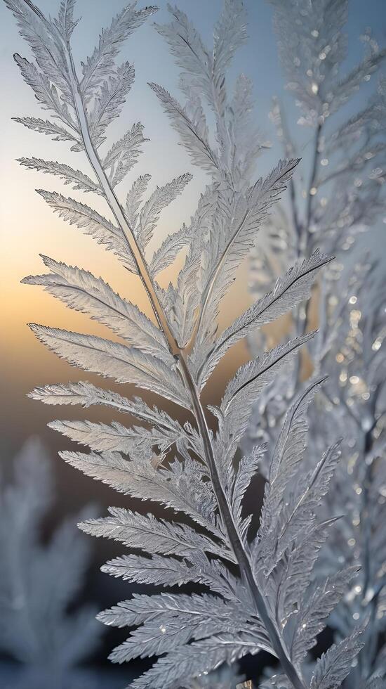 A detailed vertical background showcasing frost patterns on glass, illuminated softly with clear spaces for design elements. photo